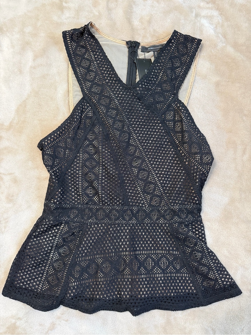 BCBG MAXAZRIA Hanne Black Crochet Peplum Blouse Sleeveless NWT Size Medium